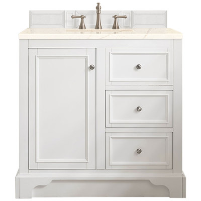 James Martin Bathroom Vanities, Single Sink Vanities, 30-40, Modern, White, With Top and Sink, Bright White, Modern, Eternal Marfil Quartz, Yellow Poplar, Plywood Panels and MDF, Vanity, 840108920356, 825-V36-BW-3EMR