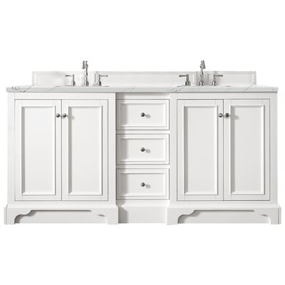 James Martin Bathroom Vanities, Double Sink Vanities, 70-90, Modern, White, With Top and Sink, Bright White, Modern, Ethereal Noctis Quartz, Yellow Poplar, Plywood Panels and MDF, Vanity, 840108941498, 825-V72-BW-3ENC