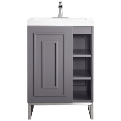 James Martin Bathroom Vanities, Single Sink Vanities, Under 30, Modern, Gray, With Top and Sink, Gray Smoke, Modern, White Glossy, Yellow Poplar Solids, Plywood Panels and MDF, Vanity, 840108930867, E110V24GSMBNKWG