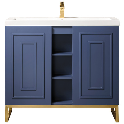 James Martin Bathroom Vanities, Single Sink Vanities, 30-40, Modern, Blue, With Top and Sink, Azure Blue, Modern, White Glossy, Yellow Poplar Solids, Plywood Panels and MDF, Vanity, 840108930980, E110V39.5AZBRGDWG