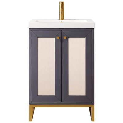 James Martin Bathroom Vanities, Single Sink Vanities, Under 30, Transitional, Gray, With Top and Sink, Mineral Gray, Transitional, White Glossy, Yellow Poplar Solids, Plywood Panels and MDF, Vanity, 840108931468, E303V24MGRGDWG