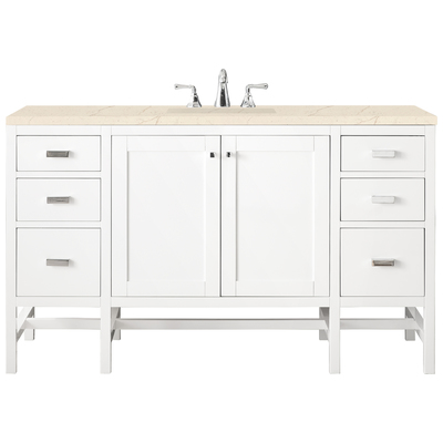James Martin Bathroom Vanities, Single Sink Vanities, 50-70, Traditional, White, With Top and Sink, Glossy White, Traditional, Transitional, Eternal Marfil, Yellow Poplar Solids, Plywood Panels and MDF, Vanity, 840108914577, E444-V60S-GW-3EMR