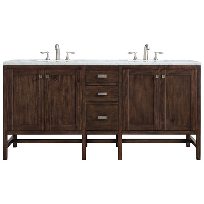 James Martin Bathroom Vanities, Double Sink Vanities, 70-90, Traditional, Dark Brown, With Top and Sink, Mid-Century Acacia, Traditional, Transitional, Carrara White, Parawood, Yellow Poplar Solids, Plywood Panels and MDF, Mango Veneers, Vanity, 8401