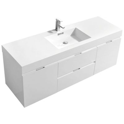 KubeBath Bathroom Vanities, Single Sink Vanities, 50-70, Modern, White, Wall Mount Vanities, With Top and Sink, 0707568640258, BSL60S-GW