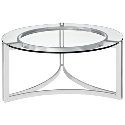 Modway Furniture Coffee Tables, Silver, Round, Glass,Metal,Iron,Steel,Aluminum,Alu+ PE wicker+ glass, Complete Vanity Sets, Tables, 848387033781, EEI-1438-SLV,Standard (14 - 22 in.)