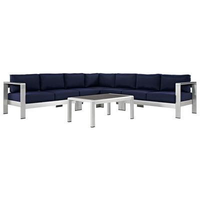 Modway Furniture Outdoor Sofas and Sectionals, Black,ebonyBlue,navy,teal,turquiose,indigo,aqua,SeafoamGreen,emerald,tealSilver, Loveseat,Sectional,Sofa, Canvas,Navy,Silver, Complete Vanity Sets, Sofa Sectionals, 889654091189, EEI-2561-SLV-NAV