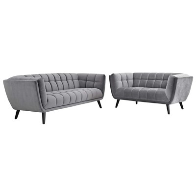 Sofas and Loveseat Modway Furniture Bestow Gray EEI-2979-GRY-SET 889654126621 Sofas and Armchairs BlackebonyGrayGrey Loveseat Love seatSofa Polyester Velvet Contemporary Contemporary/Mode Sofa Set setTufted tufting 
