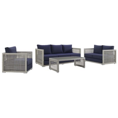 Outdoor Sofas and Sectionals Modway Furniture Aura Gray Navy EEI-3596-GRY-NAV-SET 889654155157 Sofa Sectionals Blue navy teal turquiose indig Loveseat Sofa Gray Light GrayNavy 
