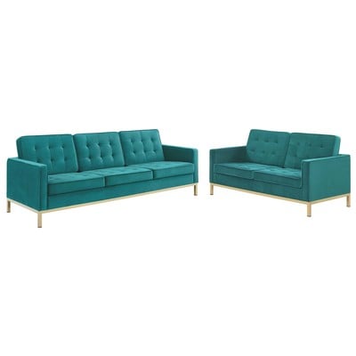 Sofas and Loveseat Modway Furniture Loft Gold Teal EEI-4099-GLD-TEA-SET 889654997931 Sofas and Armchairs Chaise LoungeLoveseat Love sea Velvet Contemporary Contemporary/Mode Sofa Set setTufted tufting 