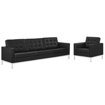 Sofas and Loveseat Modway Furniture Loft Silver Black EEI-4104-SLV-BLK-SET 889654994503 Sofas and Armchairs Chaise LoungeLoveseat Love sea Leather Vinyl Faux Leather Contemporary Contemporary/Mode Sofa Set setTufted tufting 