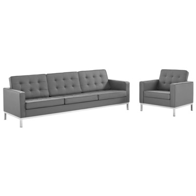 Sofas and Loveseat Modway Furniture Loft Silver Gray EEI-4104-SLV-GRY-SET 889654994497 Sofas and Armchairs Chaise LoungeLoveseat Love sea Leather Vinyl Faux Leather Contemporary Contemporary/Mode Sofa Set setTufted tufting 