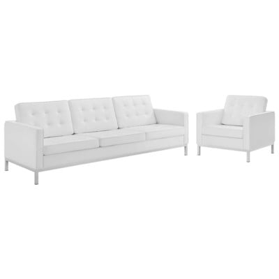 Sofas and Loveseat Modway Furniture Loft Silver White EEI-4104-SLV-WHI-SET 889654171201 Sofas and Armchairs Chaise LoungeLoveseat Love sea Leather Vinyl Faux Leather Contemporary Contemporary/Mode Sofa Set setTufted tufting 