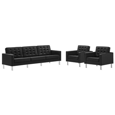 Sofas and Loveseat Modway Furniture Loft Silver Black EEI-4105-SLV-BLK-SET 889654994480 Sofas and Armchairs Chaise LoungeLoveseat Love sea Leather Contemporary Contemporary/Mode Sofa Set setTufted tufting 