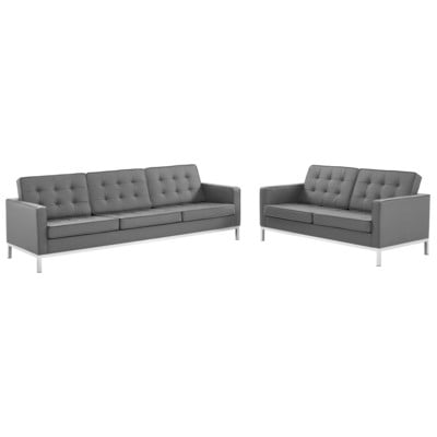 Sofas and Loveseat Modway Furniture Loft Silver Gray EEI-4106-SLV-GRY-SET 889654994459 Sofas and Armchairs Chaise LoungeLoveseat Love sea Leather Contemporary Contemporary/Mode Sofa Set setTufted tufting 