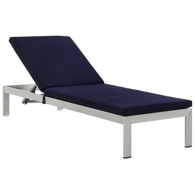 Outdoor Beds Modway Furniture Shore Silver Navy EEI-5547-SLV-NAV 889654945369 Daybeds and Lounges Black ebonyBlue navy teal turq Aluminum Frame Aluminum Alumin Aluminum Chaise Chair 