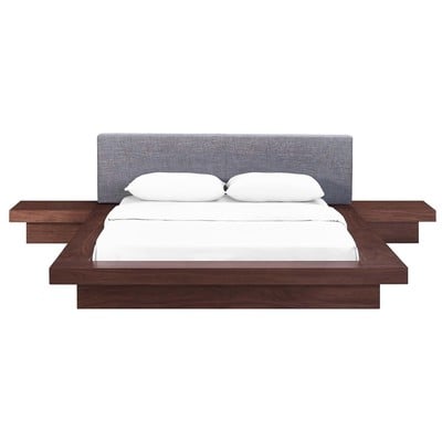 Beds Modway Furniture Freja Walnut Gray MOD-5492-WAL-GRY-SET 889654076216 Bedroom Sets Gray Grey Upholstered Platform Queen Complete Vanity Sets 