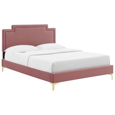 Beds Modway Furniture Liva Dusty Rose MOD-6821-DUS 889654256953 Beds Gold Metal Upholstered Wood Platform Full Queen 