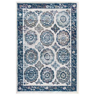 Rugs Modway Furniture Entourage Ivory and Blue R-1168C-810 889654142959 Rugs Blue navy teal turquiose indig synthetics Olefin polyester po Area Rugs Area rugKids childre 