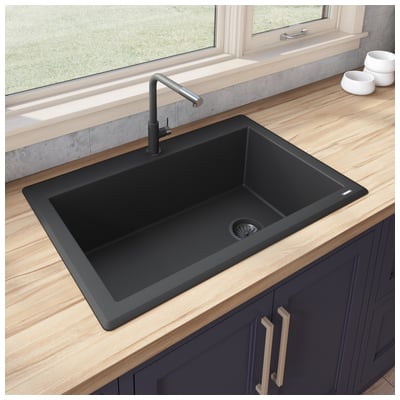 Single Bowl Sinks Ruvati epiGranite Granite Composite Midnight Black Topmount RVG1033BK 610370722572 Kitchen Sink Blackebony Drop-In Single Black 