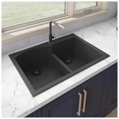 Double Bowl Sinks Ruvati epiGranite Granite Composite Midnight Black Topmount RVG1345BK 850003787909 Kitchen Sink Blackebony Colors White Black Blue Gray Drop-In 