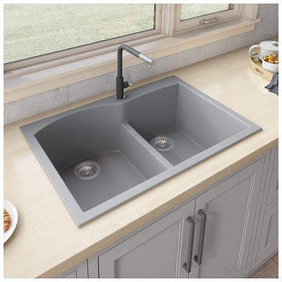 Double Bowl Sinks Ruvati epiGranite Granite Composite Silver Gray Topmount RVG1345GR 850003787916 Kitchen Sink GrayGreySilver Colors White Black Blue Gray Drop-In 
