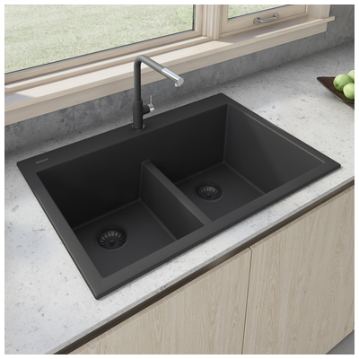 Double Bowl Sinks Ruvati epiGranite Granite Composite Midnight Black Topmount RVG1385BK 850003787084 Kitchen Sink Blackebony Colors White Black Blue Gray Drop-In 