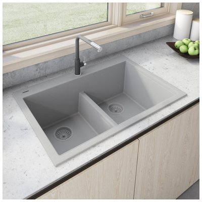 Double Bowl Sinks Ruvati epiGranite Granite Composite Silver Gray Topmount RVG1385GR 850003787107 Kitchen Sink GrayGreySilver Colors White Black Blue Gray Drop-In 