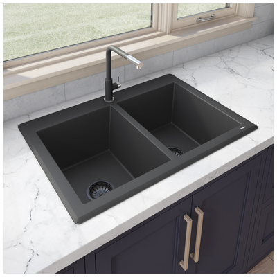 Double Bowl Sinks Ruvati epiGranite Granite Composite Midnight Black Dual Mount RVG1388BK 610370722497 Kitchen Sink Blackebony Colors White Black Blue Gray 