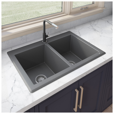 Double Bowl Sinks Ruvati epiGranite Granite Composite Urban Gray Dual Mount RVG1388GR 610370722862 Kitchen Sink GrayGrey Colors White Black Blue Gray 
