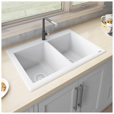 Double Bowl Sinks Ruvati epiGranite Granite Composite Arctic White Dual Mount RVG1388WH 610370722855 Kitchen Sink Whitesnow Colors White Black Blue Gray 