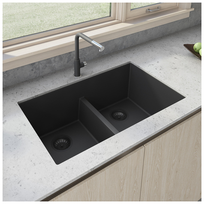 Double Bowl Sinks Ruvati epiGranite Granite Composite Midnight Black Undermount RVG2385BK 850003787626 Kitchen Sink Blackebony Colors White Black Blue Gray Undermount 