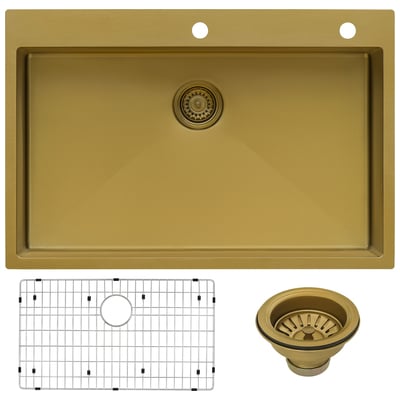Single Bowl Sinks Ruvati Terraza Stainless Steel Brass Tone Matte Gold Topmount RVH5005GG 664213536789 Kitchen Sink Gold Drop-In Single Brass Gold Metal Steel Titaniu 
