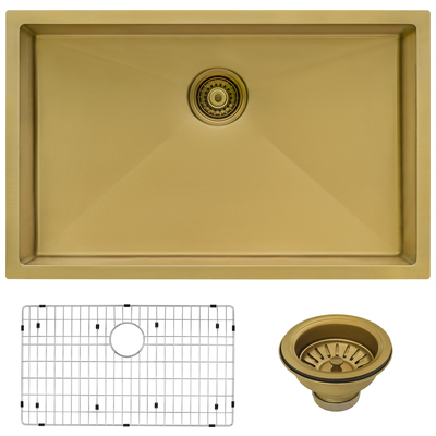 Single Bowl Sinks Ruvati Terraza Stainless Steel Brass Tone Matte Gold Undermount RVH6127GG 664213536406 Kitchen Sink Gold Undermount Single Brass Gold Metal Steel Titaniu 
