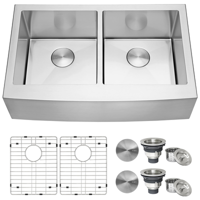 Double Bowl Sinks Ruvati Madera Stainless Steel Stainless Steel Apron Front RVH9540 850003787855 Kitchen Sink Metal STAINLESS STEEL Gunmetal Apron Farmhouse 