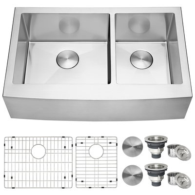 Double Bowl Sinks Ruvati Madera Stainless Steel Stainless Steel Apron Front RVH9542 850003787862 Kitchen Sink Metal STAINLESS STEEL Gunmetal Apron Farmhouse 
