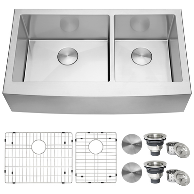 Double Bowl Sinks Ruvati Madera Stainless Steel Stainless Steel Apron Front RVH9599 850003787879 Kitchen Sink Metal STAINLESS STEEL Gunmetal Apron Farmhouse 