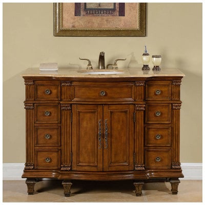 Silkroad Exclusive Bathroom Vanities, Single Sink Vanities, 40-50, Dark Brown, With Top and Sink, Traditional, Travertine, Natural Stone, Solid Wood Structure &  TSCA Title VI Certified Panels, Pre-drilled for 8" Widespread Faucet, Bathroom Vanity,
