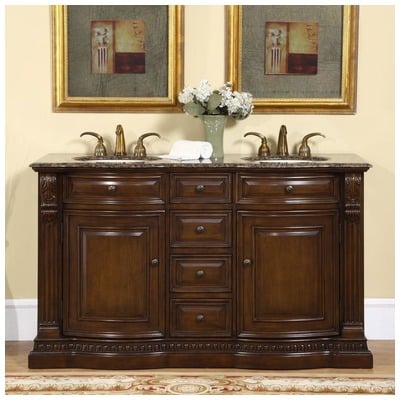 Silkroad Exclusive Bathroom Vanities, Double Sink Vanities, 50-70, Dark Brown, With Top and Sink, Traditional, Baltic Brown Granite, Natural Stone, Solid Wood Structure &  TSCA Title VI Certified Panels, Pre-drilled for 8" Widespread Faucet, Bathroom