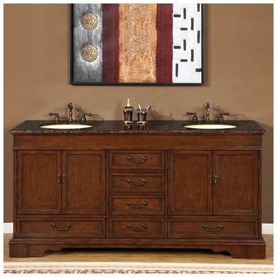 Silkroad Exclusive Bathroom Vanities, Double Sink Vanities, 70-90, With Top and Sink, Traditional, Baltic Brown Granite, Natural Stone, Solid Wood Structure &  TSCA Title VI Certified Panels, Pre-drilled for 8" Widespread Faucet, Bathroom Vanity, 6