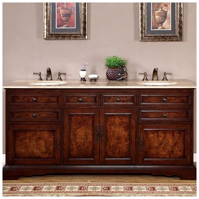 Silkroad Exclusive Bathroom Vanities, Double Sink Vanities, 70-90, With Top and Sink, Traditional, Travertine, Natural Stone, Solid Wood Structure &  TSCA Title VI Certified Panels, Pre-drilled for 8" Widespread Faucet, Bathroom Vanity, 61025680065