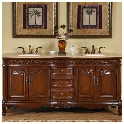 Silkroad Exclusive Bathroom Vanities, Double Sink Vanities, 70-90, With Top and Sink, Traditional, Travertine, Natural Stone, Solid Wood Structure &  TSCA Title VI Certified Panels, Pre-drilled for 8" Widespread Faucet, Bathroom Vanity, 61025680102
