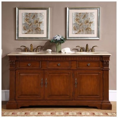 Silkroad Exclusive Bathroom Vanities, Double Sink Vanities, 50-70, Dark Brown, With Top and Sink, Traditional, Travertine, Natural Stone, Solid Wood Structure &  TSCA Title VI Certified Panels, Pre-drilled for 8" Widespread Faucet, Bathroom Vanity,