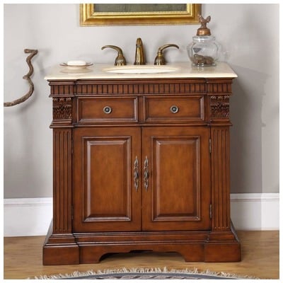 Silkroad Exclusive Bathroom Vanities, Single Sink Vanities, 30-40, Dark Brown, With Top and Sink, Traditional, Crema Marfil Marble, Natural Stone, Solid Wood Structure &  TSCA Title VI Certified Panels, Pre-drilled for 8" Widespread Faucet, Bathroo