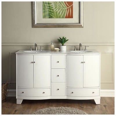 Silkroad Exclusive Bathroom Vanities, Double Sink Vanities, 50-70, White, With Top and Sink, Traditional, Carrara White Marble, Natural Stone, Solid Wood Structure &  TSCA Title VI Certified Panels, Pre-drilled for 8" Widespread Faucet, Bathroom Va