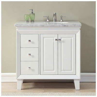 Silkroad Exclusive Bathroom Vanities, Single Sink Vanities, 30-40, White, With Top and Sink, Traditional, Carrara White Marble, Natural Stone, Solid Wood Structure &  TSCA Title VI Certified Panels, Pre-drilled for 8" Widespread Faucet, Bathroom Va