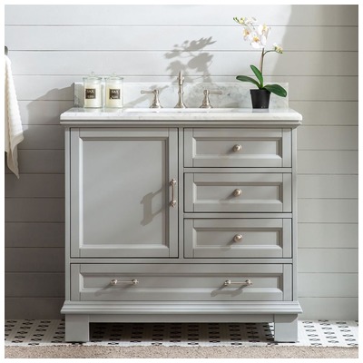 Silkroad Exclusive Bathroom Vanities, Single Sink Vanities, 30-40, Gray, With Top and Sink, Traditional, Carrara White Marble, Natural Stone, Solid Wood Structure &  TSCA Title VI Certified Panels, Pre-drilled for 8" Widespread Faucet, Bathroom Van