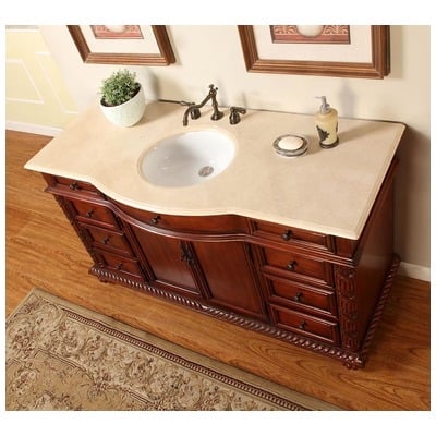Silkroad Exclusive Bathroom Vanities, Single Sink Vanities, 50-70, Dark Walnut, With Top and Sink, Traditional, Crema Marfil Marble, Natural Stone, Solid Wood Structure &  TSCA Title VI Certified Panels, Pre-drilled for 8" Widespread Faucet, Bathroom