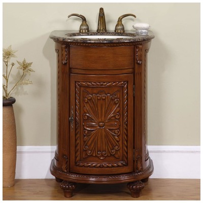 Silkroad Exclusive Bathroom Vanities, Single Sink Vanities, Under 30, Traditional, English Chestnut, With Top and Sink, Traditional, Baltic Brown Granite, Natural Stone, Solid Wood Structure &  TSCA Title VI Certified Panels, Pre-drilled for 8" Wid
