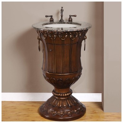 Silkroad Exclusive Bathroom Vanities, Single Sink Vanities, Under 30, Antique, Dark Brown, With Top and Sink, Traditional, Baltic Brown Granite, Natural Stone, Ceramic, Resin &  TSCA Title VI Certified Panels, Pre-drilled for 8" Widespread Faucet, 