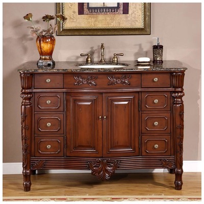 Silkroad Exclusive Bathroom Vanities, Single Sink Vanities, 40-50, Antique, Dark Brown, With Top and Sink, Traditional, Baltic Brown Granite, Natural Stone, Solid Wood Structure &  TSCA Title VI Certified Panels, Pre-drilled for 8" Widespread Faucet,
